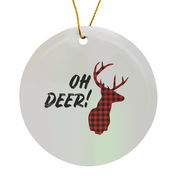 3drose, Oh Deer. Black Lettering and Red and Black Plaid Deer on White., Circle Porcelain Ornament