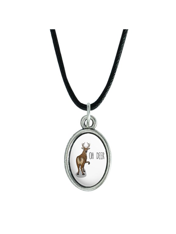 Oh Deer Butt Dear Funny Antiqued Oval Charm Pendant with Black Satin Cord