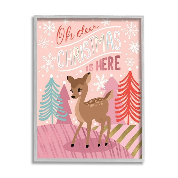 Oh Deer Christmas Is Here Phrase Holiday Graphic Art Gray Framed Art Print Wall Art