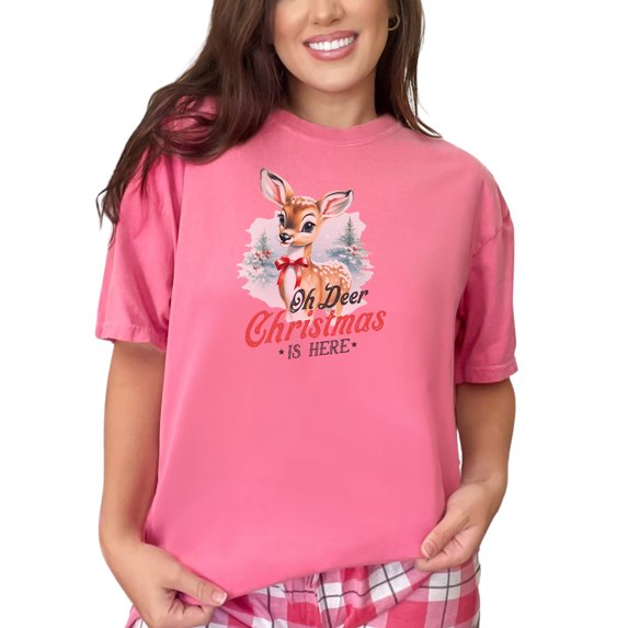 Oh, Deer, Christmas Is Here Pun with a Deer Painting Art, Crunchberry Comfort Colors T-Shirt, 2XL