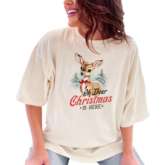 Oh, Deer, Christmas Is Here Pun with a Deer Painting Art, Ivory Comfort Colors T-Shirt, Small