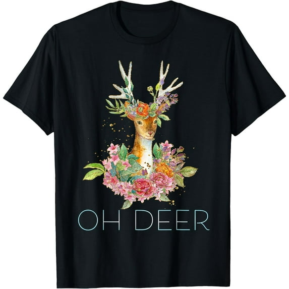 Oh Deer Cute Colorful Boho Floral Softstyle Unisex T-Shirt,Black Color,Size YM