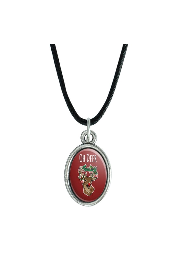 Oh Deer Dear Christmas Holidays Funny Antiqued Oval Charm Pendant with Black Satin Cord