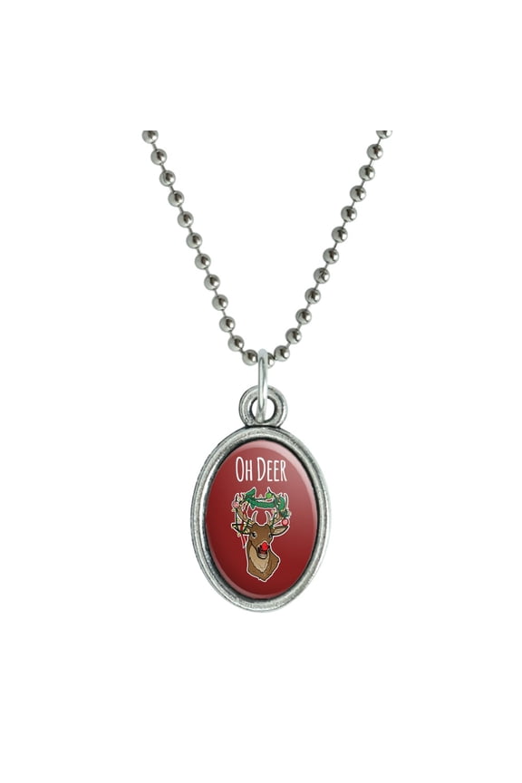 Oh Deer Dear Christmas Holidays Funny Antiqued Oval Charm Pendant with Chain