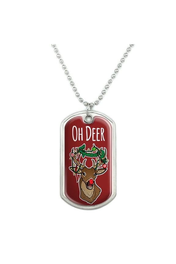 Oh Deer Dear Christmas Holidays Funny Military Dog Tag Pendant Necklace with Chain