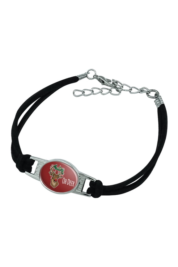 Oh Deer Dear Christmas Holidays Funny Novelty Suede Leather Metal Bracelet
