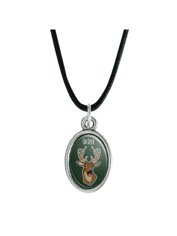 Oh Deer Dear Funny Antiqued Oval Charm Pendant with Black Satin Cord