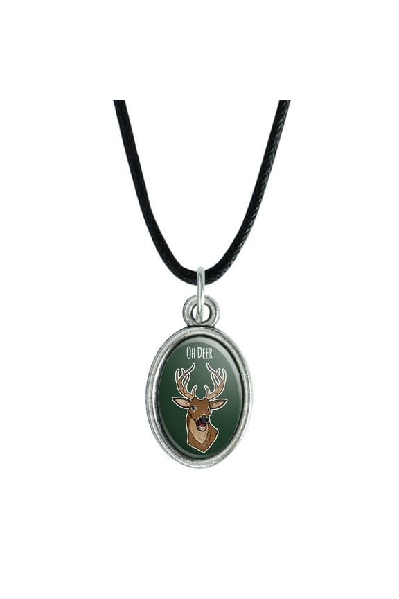 Oh Deer Dear Funny Antiqued Oval Charm Pendant with Black Satin Cord