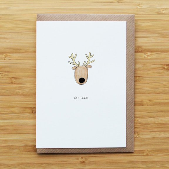 Oh Deer Greeting Card, Minimalist Cartoon Reindeer Illustration, Whimsical Note Card with Brown Kraft Envelope for Holidays or Any Occasion