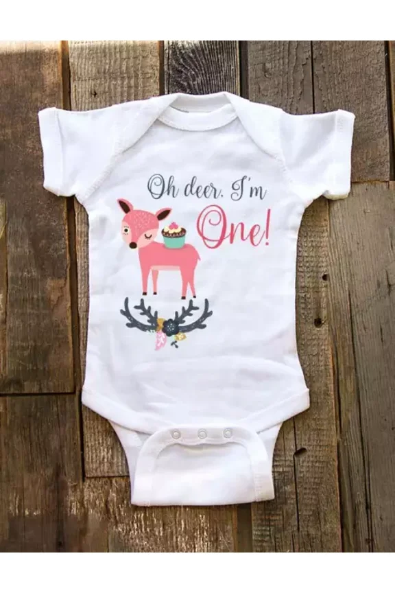 Oh Deer I'M One First Birthday Girl Boho Deer Cake Baby Bodysuit Cute Baby Onesie, BABY BODYSUIT LAT 4424