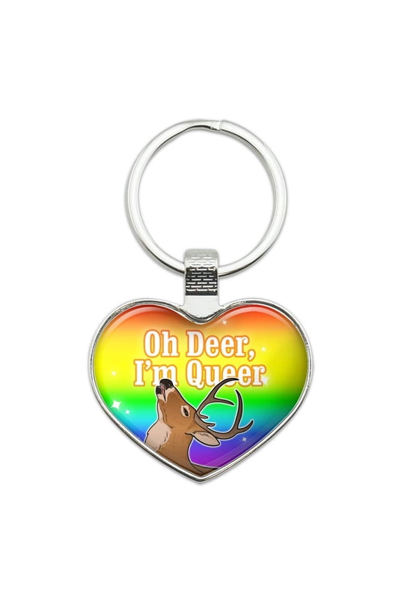 Oh Deer I'm Queer Rainbow Pride Gay Lesbian Funny Heart Love Metal Keychain Key Chain Ring