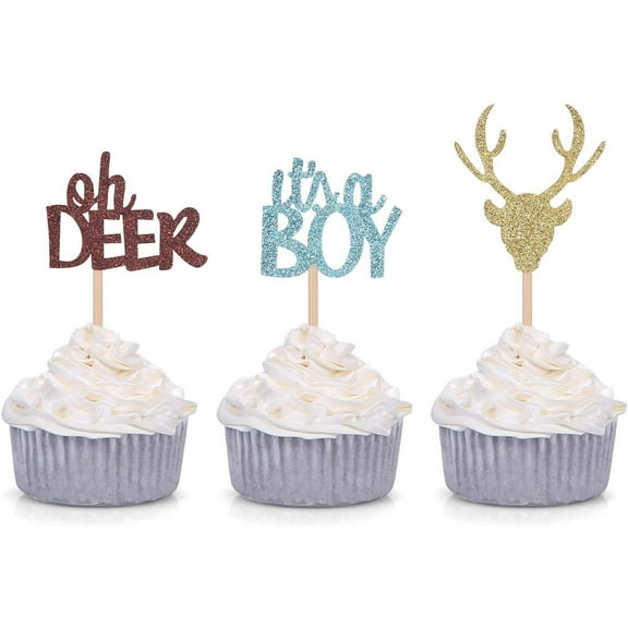 Oh Deer It's A Boy Cupcake Toppers for Male Baby Shower Party Decorations (12pcs)