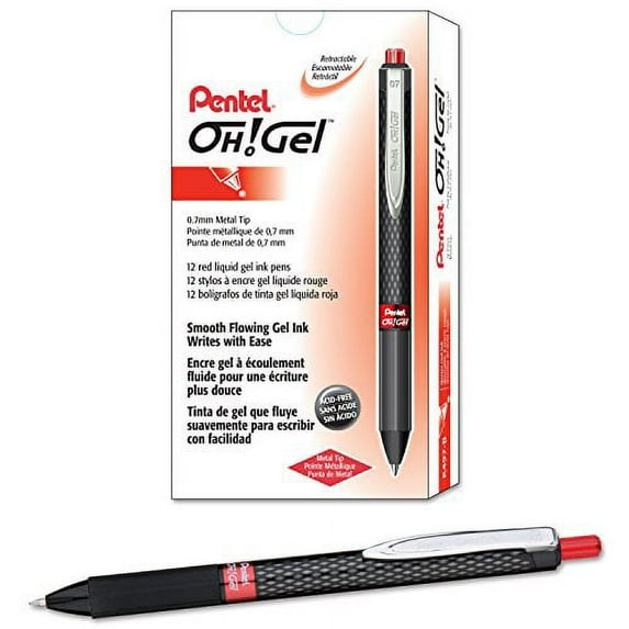 Oh! Gel Retractable Roller Pen, .7mm, Black Barrel, Red Ink, Dozen