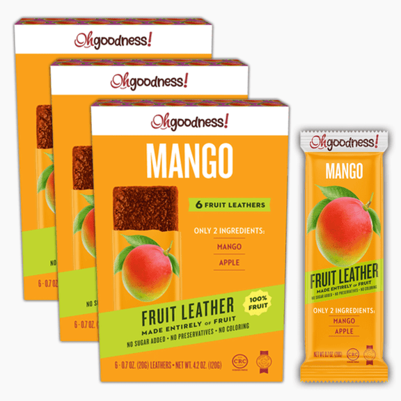 Oh Goodness! Fruit Leather Mango 3 Pack= 18 Count. No Sugar Added, No Preservatives, No Coloring, All Natural