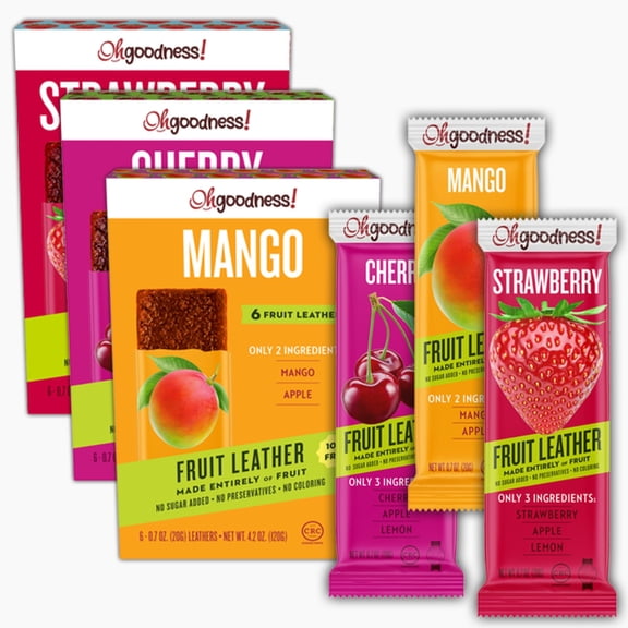 Oh Goodness! Fruit Leather Variety 3 Pack= 18 Count. No Sugar Added, No Preservatives, No Coloring, All Natural
