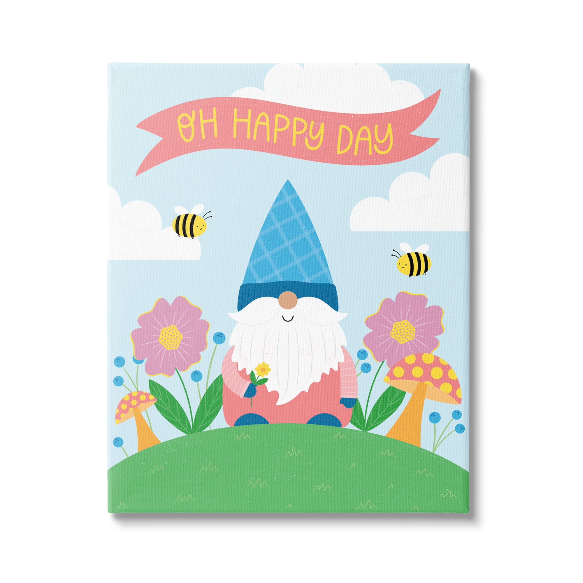 Oh Happy Day Garden Gnome Flowers Mushrooms Bees Botanical & Floral Graphic Art Gallery-Wrapped Canvas Print Wall Art