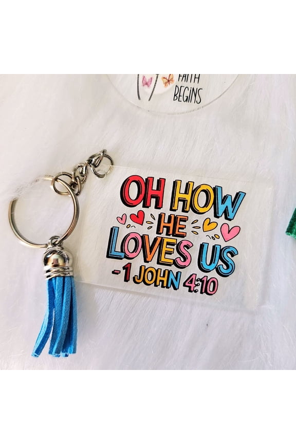 Oh He Loves Us Scripture Keychain , 2x5 Inch Stainless Steel Tag with Bible Verse Design, 12 pack