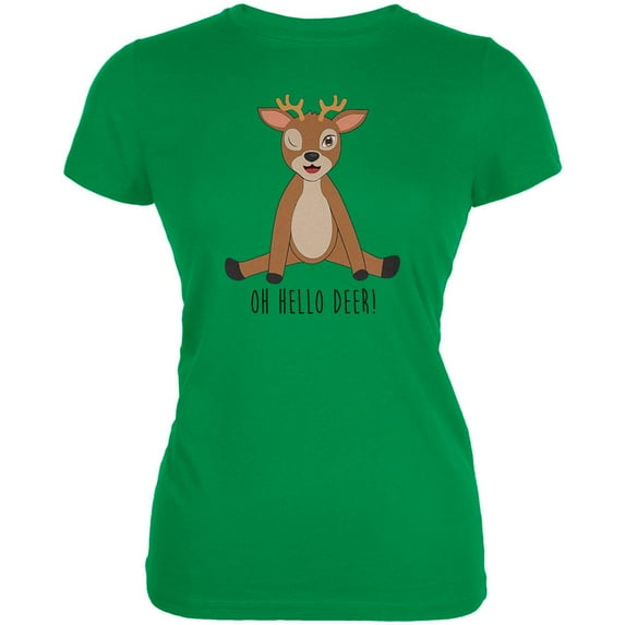 Oh Hello Deer Funny Pun Juniors Soft T Shirt Irish Green X-LG