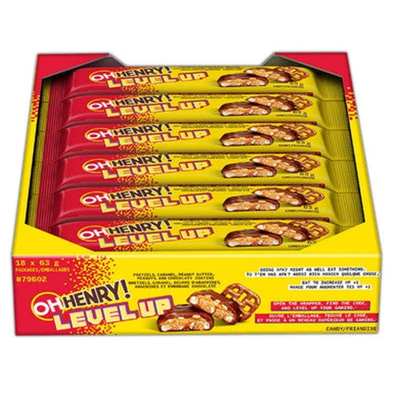 Oh Henry! Level Up Chocolatey, Peanut Butter, Caramel & Pretzel Filled Candy Bars, 63g (Bulk Box of 18) {Imported from Canada}