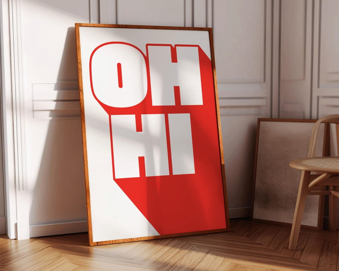 Oh Hi Red Typography Wall Art Print, Bold Retro Welcome Quote And ...