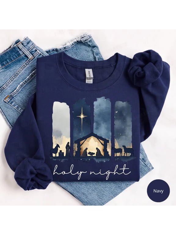 Oh Holy Night Christian Christmas Sweatshirt, Nativity Scene Faith Graphic Crewneck, Jesus Birth Holiday Shirt, Religious Christmas Apparel, Christian Gift