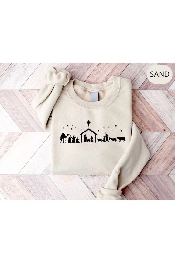 Oh Holy Night Christian Sweatshirt, Nativity Scene Sweatshirt - Sizes S-5XL ,Art Print JSC