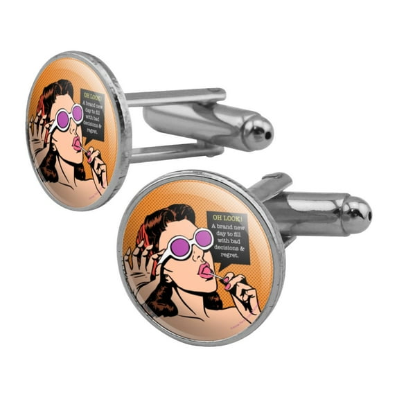 Oh Look a Brand New Day to Fill with Bad Decisions and Regrets Funny Humor Round Cufflink Set Silver Color