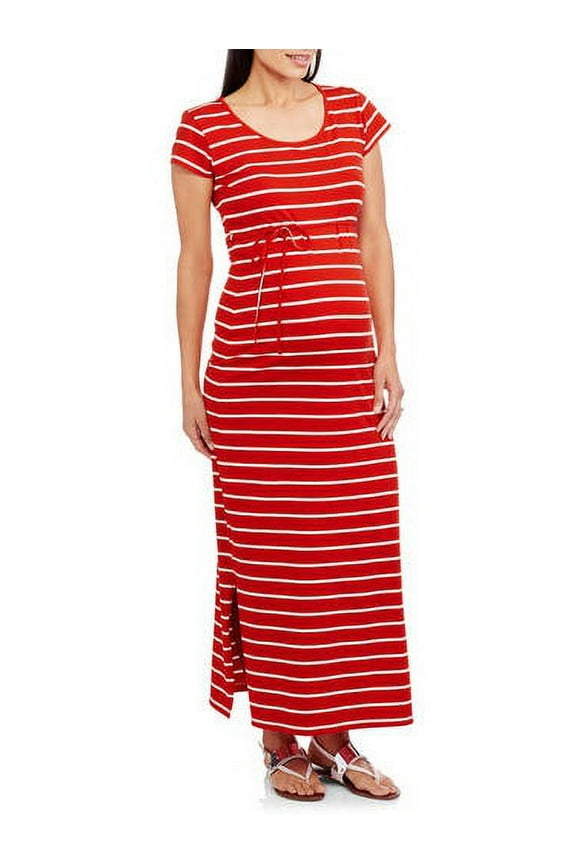 Maternity Cap Sleeve Striped Maxi Dress with Tie Belt