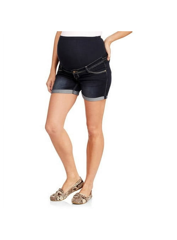Oh! Mamma Maternity Women's Double Rolled Cuff Denim Shorts with Full Panel (Women's and Women's Plus)