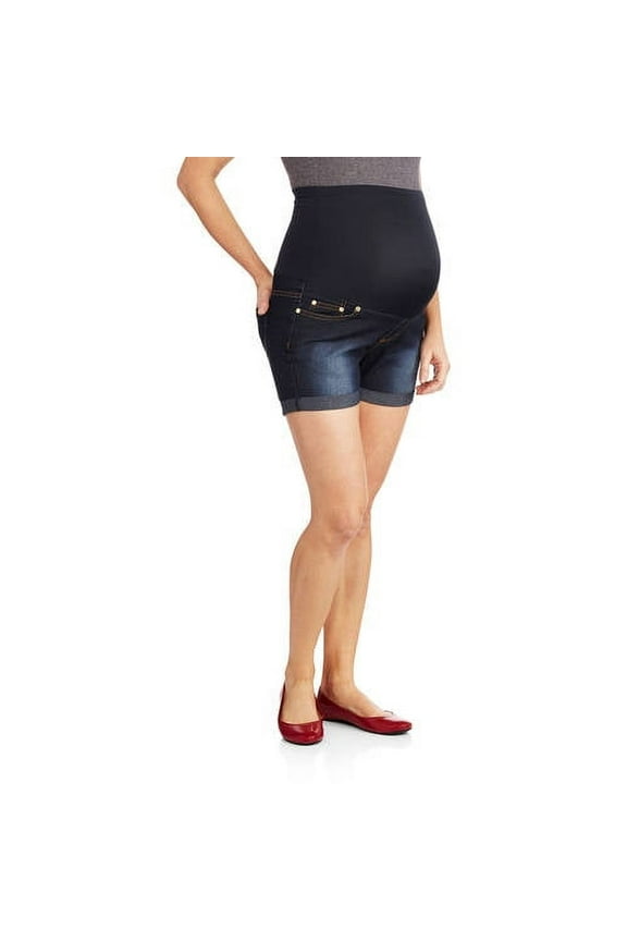 Maternity Women's Double Rolled Cuff Denim Shorts with Full Panel (Women's and Women's Plus)