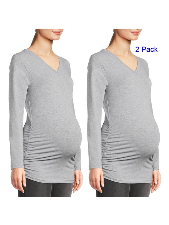 Maternity Women's Ruched V-Neck T-Shirt with Long Sleeves (Women's and Women's Plus) 2 pack