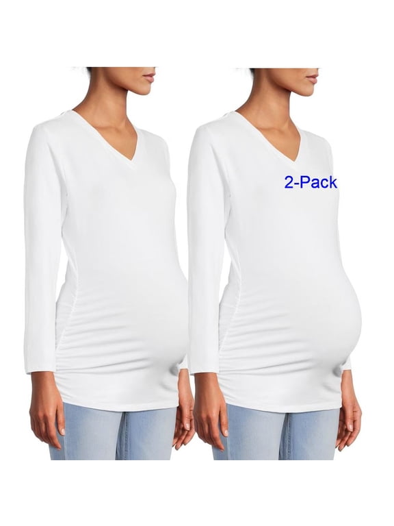 Maternity Women's Ruched V-Neck T-Shirt with Long Sleeves (Women's and Women's Plus) 2pack