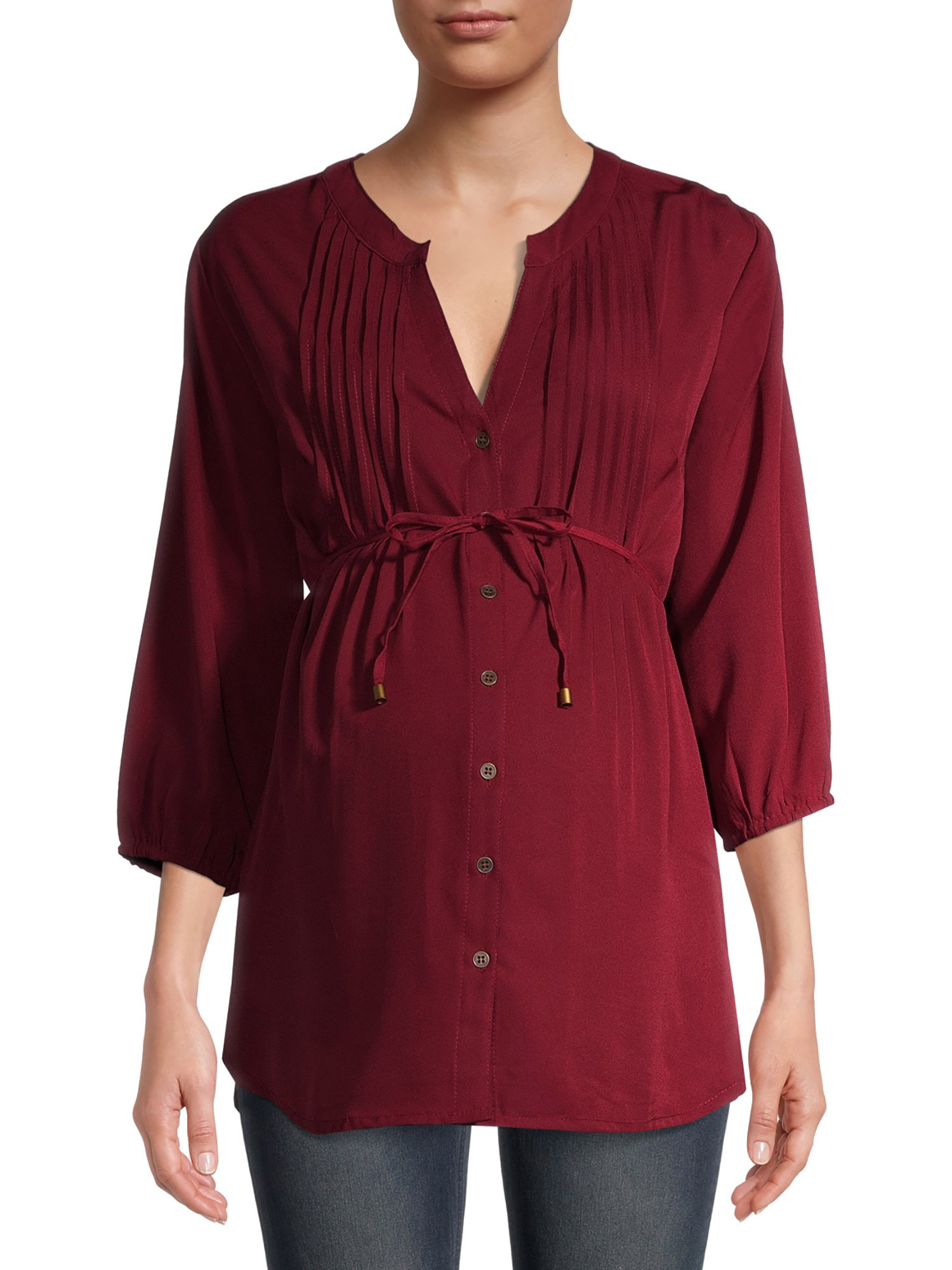 Oh! Mamma Women’s Maternity Pleated Blouse with Tie Belt