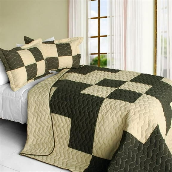 Oh My Love - 3 Pieces Vermicelli-Quilted Patchwork Quilt Set Full & Queen Size - Brown