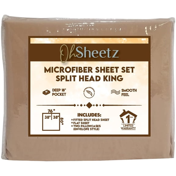 Oh Sheetz Flex / Split Top King Microfiber Bed Sheet Set with King Pillowcases - Flex Style Split Head Fits Up to 34" & Deep Pocket 18" Mattresses - Cashew Beige