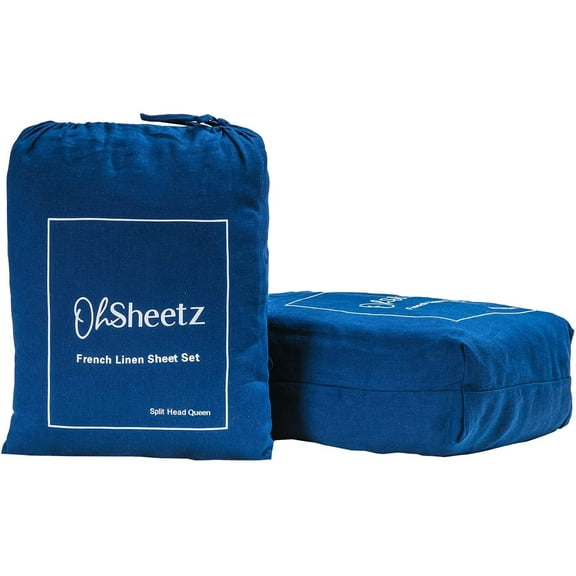 Oh Sheetz Flex / Split Top Queen French Linen Sheet Set - All Natural Luxury Sheet Set - Flex Style Split Head Fits Up to 34" & Deep Pocket Fits Up to 18" Mattresses - Dusk Rain - Bed Linen Sheet Set
