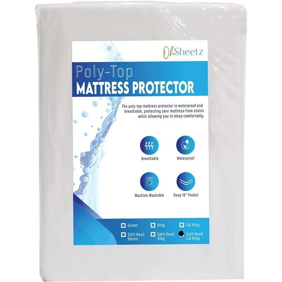 Oh Sheetz Poly-Top Mattress Protector, Fitted Mattress Protector, Mattress Cover Stretches Up to 18 Inches Deep, Waterproof - (Poly-Top Top-Protection, Split Head California King)