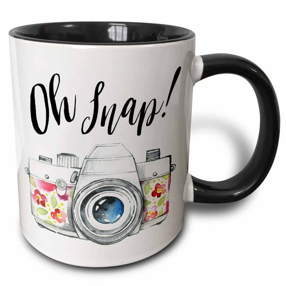 3drose, Oh Snap with a Pretty Floral Watercolor Camera Illustration, 11oz Two-tone Black Mug