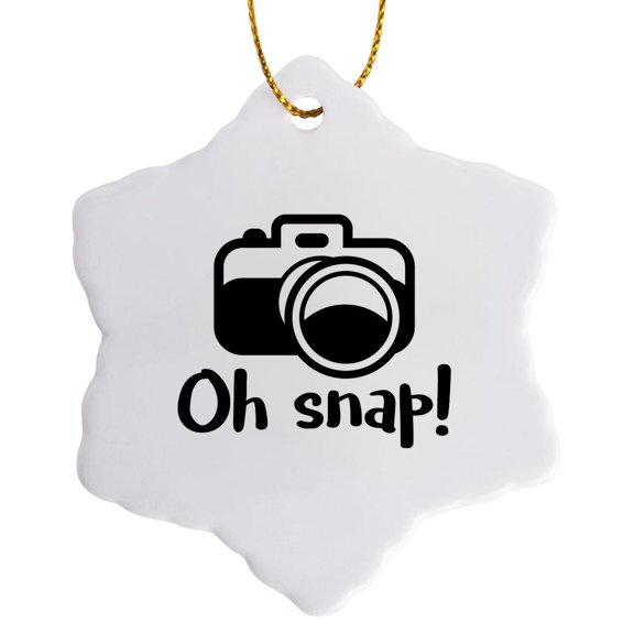 3drose, Oh Snap with Camera. Black Lettering on White Background., 3 inch Snowflake Porcelain Ornament