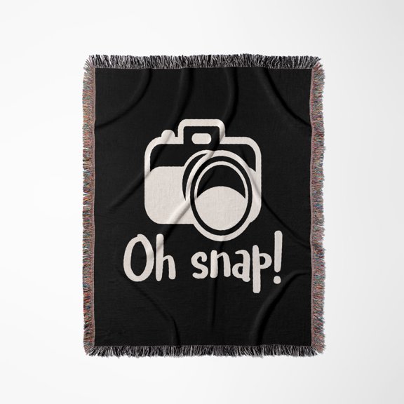 Oh Snap With Camera. White Lettering On Black Background., Woven Blanket