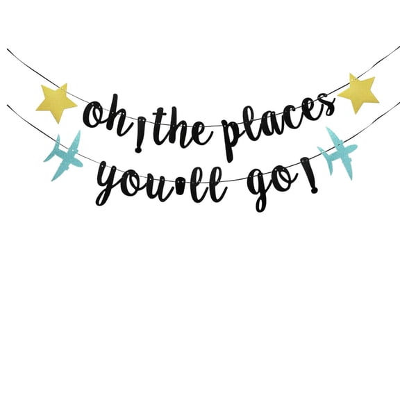 Oh The Places You'll Go Banner,2023 Graduation/Retirement/Bon Voyage/Baby Shower/Moving Party/Travel Theme Party Decorations Supplies.(black)