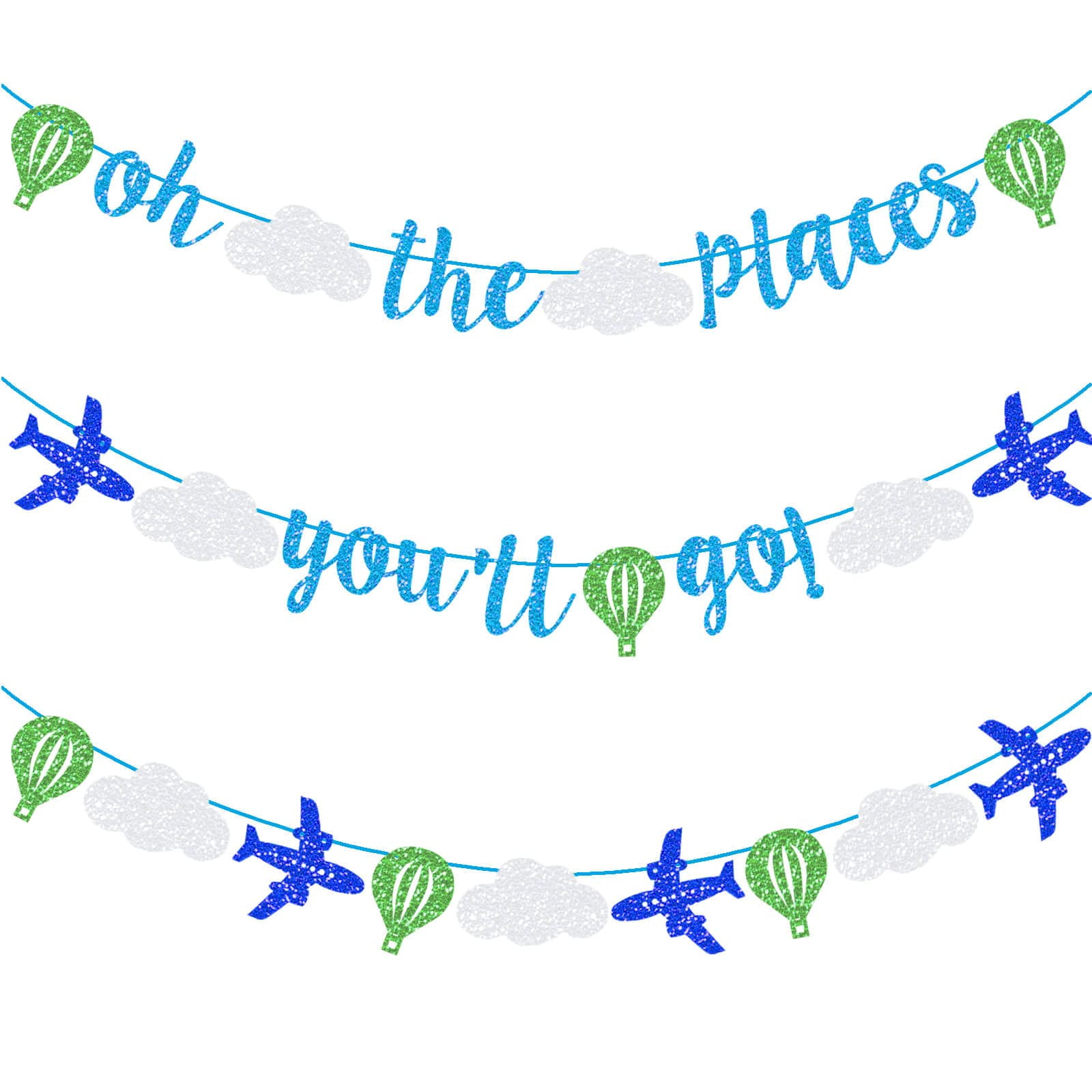 Oh The Places You'll Go Party Decor Glitter Banner Bon Voyage, Moving, Retirement, Baby Shower, Graduation 23-Piece Set OH THE PLACES YOU'LL GO Letters, Clouds, Hot Air Balloons, Airplanes