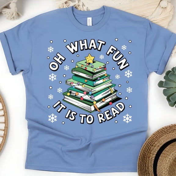 Oh What Fun It Is To Read T-Shirt | Book Lover Holiday Reading Tee, CarolinaBlue, Size S