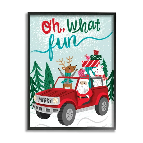 Oh What Fun Santa Driving Gifts Holiday Graphic Art Black Framed Art Print Wall Art