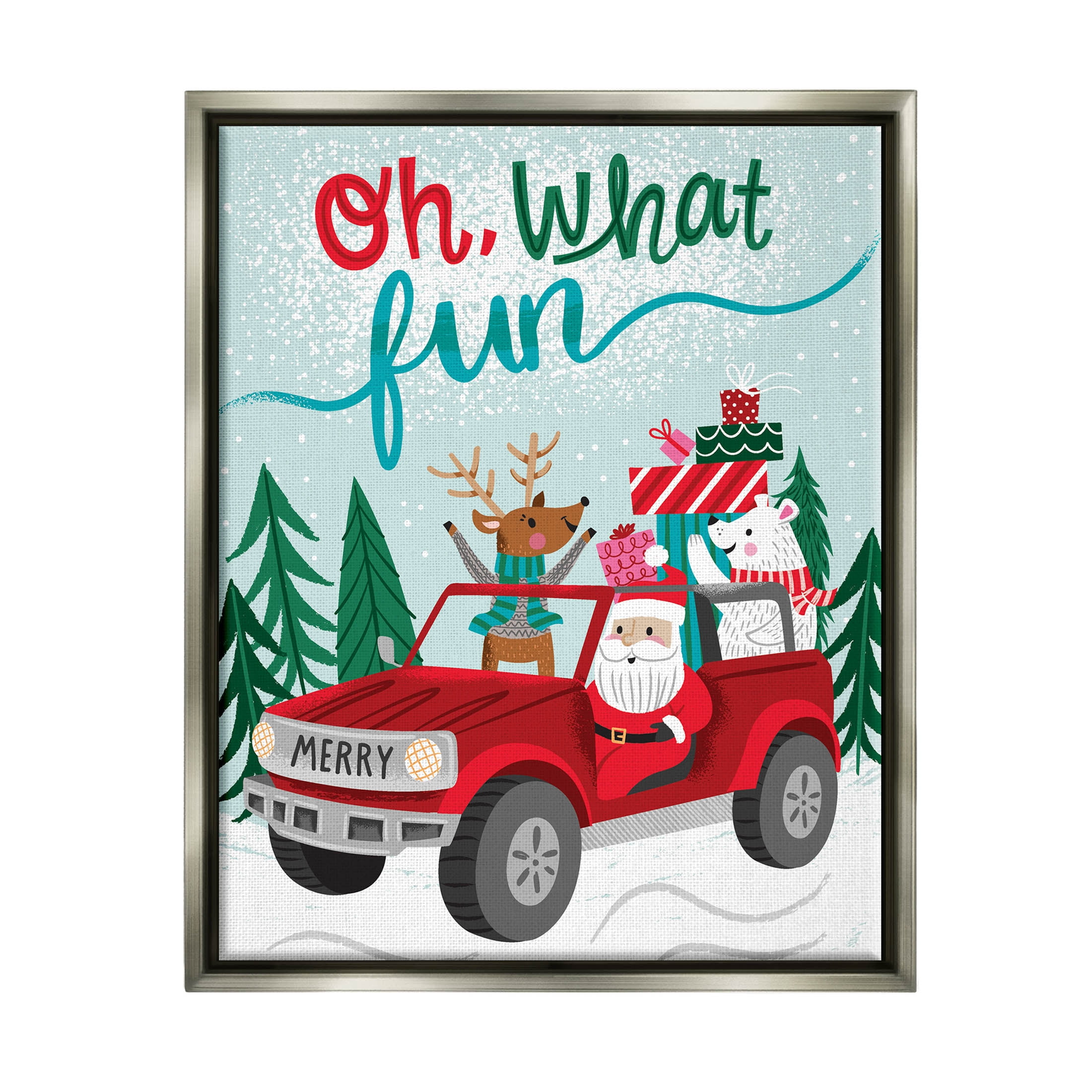 Oh What Fun Santa Driving Gifts Holiday Graphic Art Luster Gray Framed Art Print Wall Art