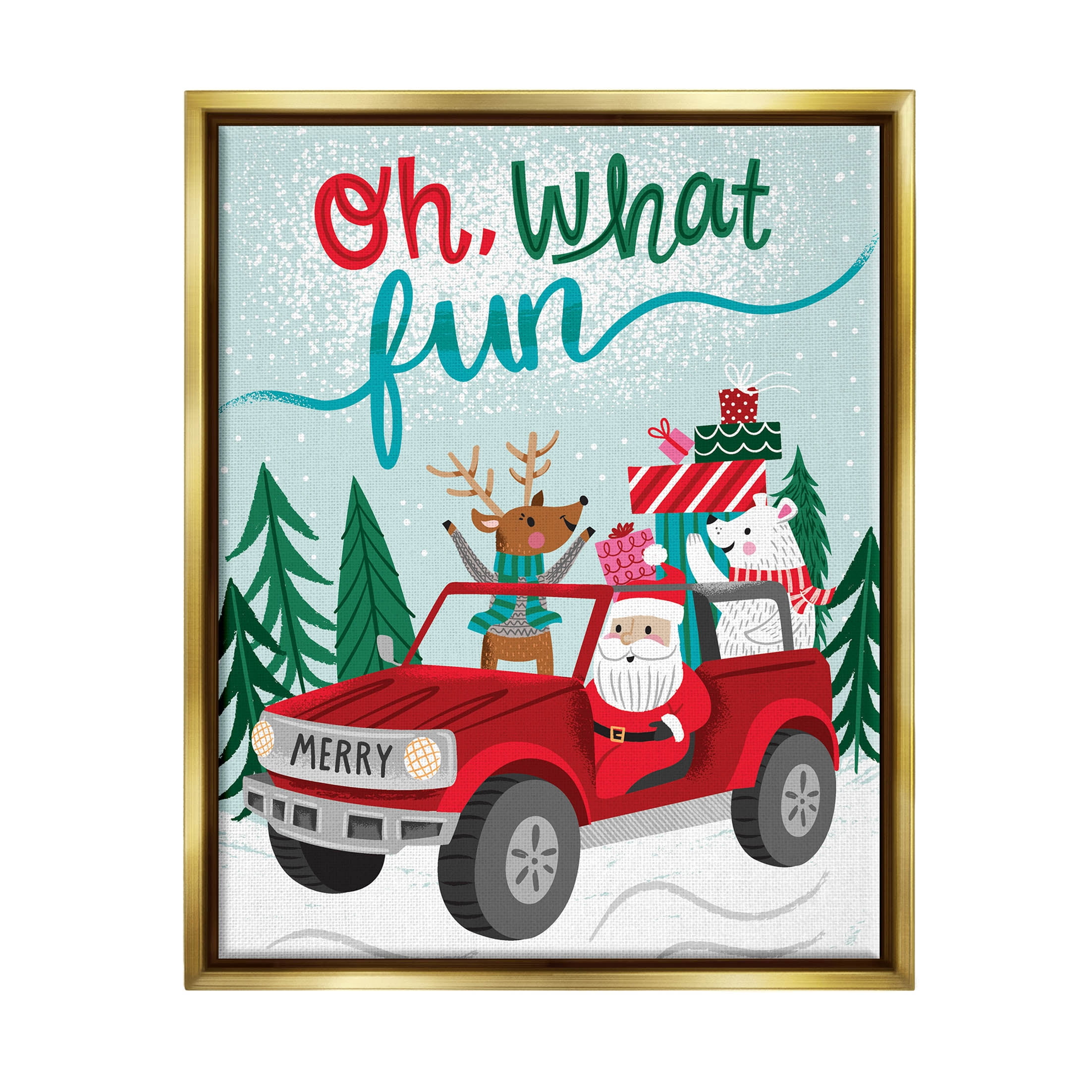 Oh What Fun Santa Driving Gifts Holiday Graphic Art Metallic Gold Framed Art Print Wall Art
