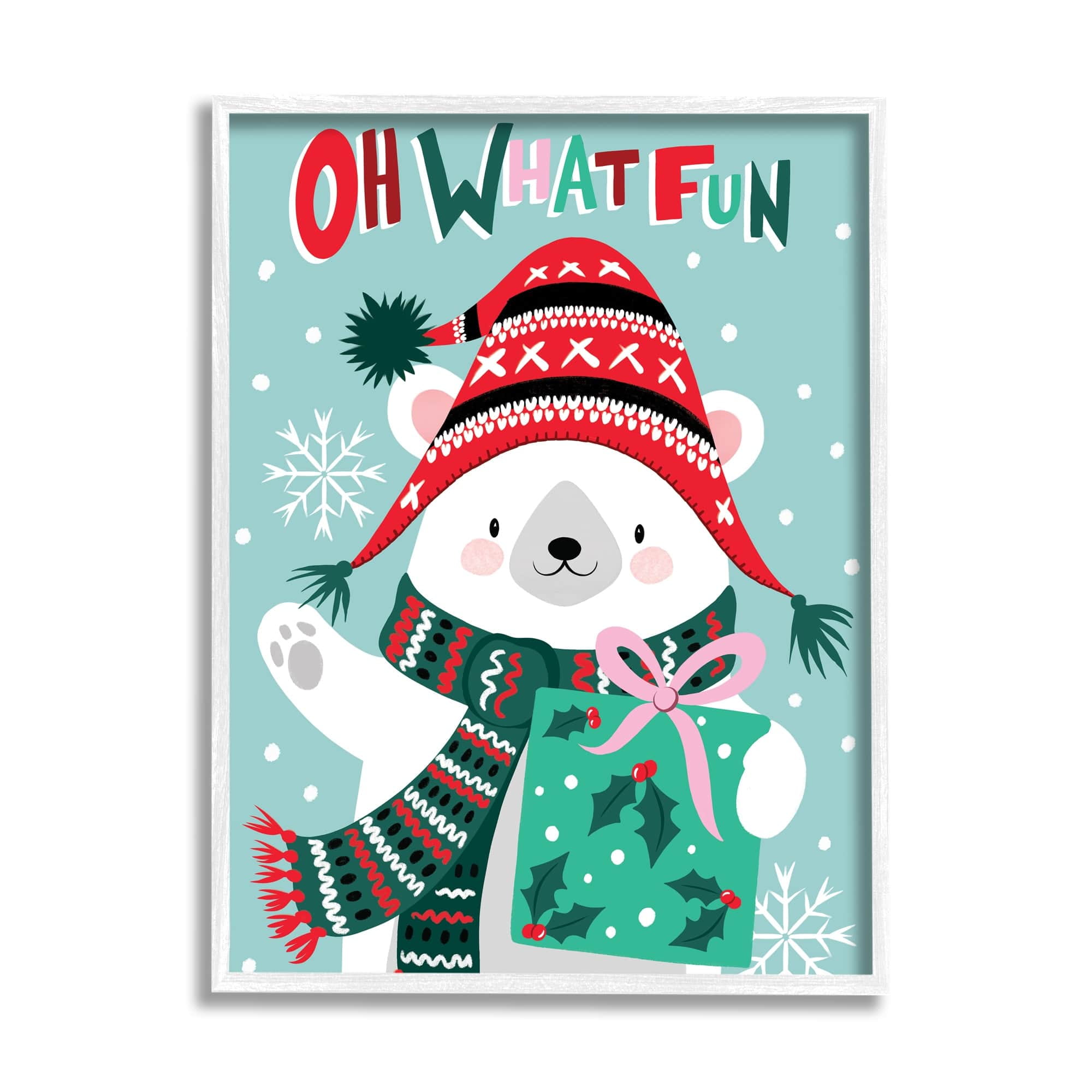 Oh What Fun Winter Polar Bear Falling Snowflakes Inspirational Graphic Art Framed Art Print Wall Art