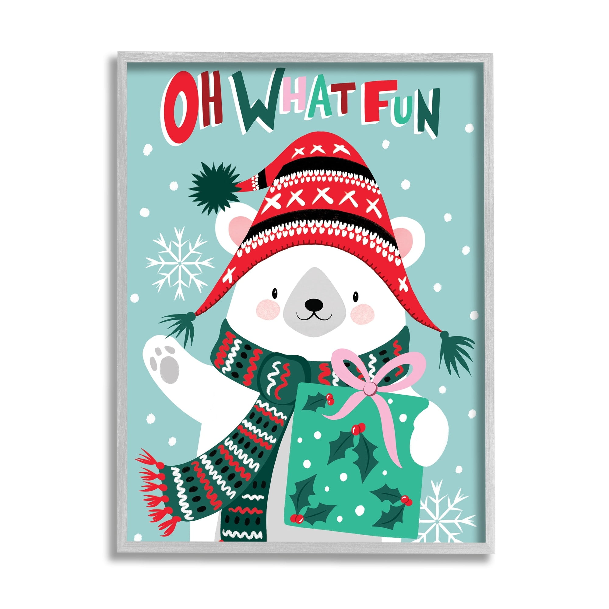 Oh What Fun Winter Polar Bear Falling Snowflakes Inspirational Graphic Art Framed Art Print Wall Art