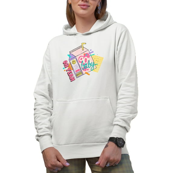 Oh Yeah, 90s Baby Retro Juice Pack Art Merch Gift, White Hooded Sweatshirt or Hoodie, XL