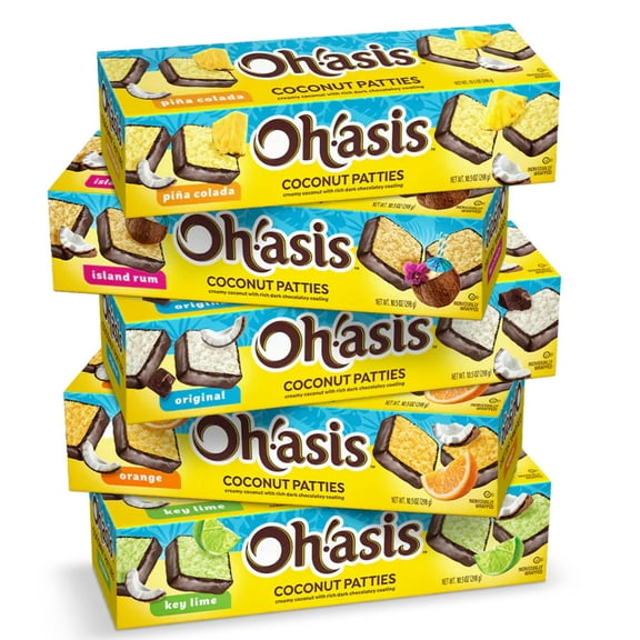 Ohasis Coconut Patties Variety Pack Pina Colada, Key Lime, Original, Orange & Island Rum Individually Wrapped Chocolate-Coated Coconut Candy, 10.5 oz Boxes, Pack of 5